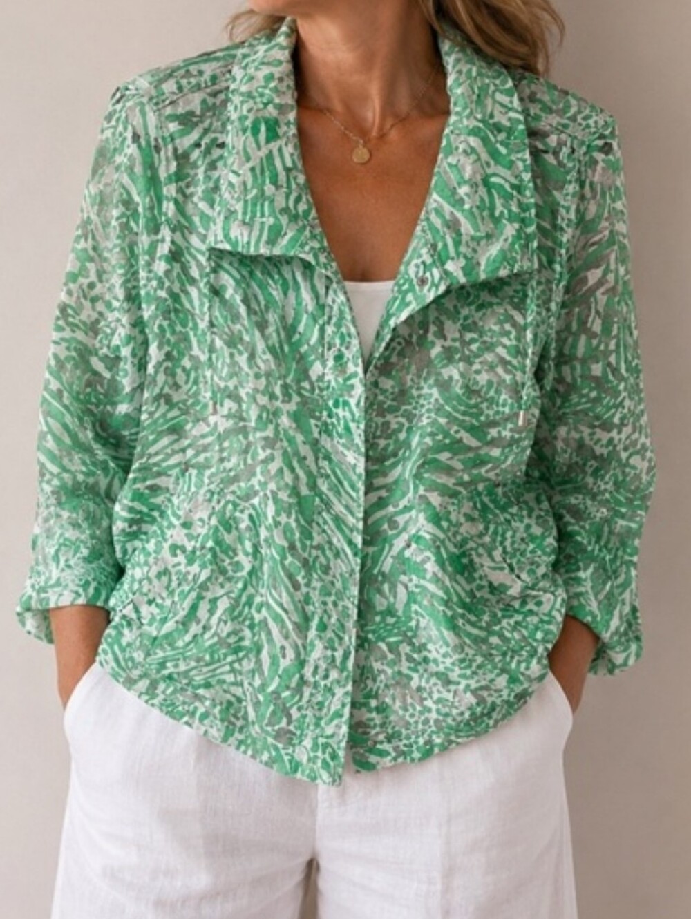 Chico's Semi Sheer Lightweight Green And White Zip Up Shirt Jacket Size-0 (US-S)